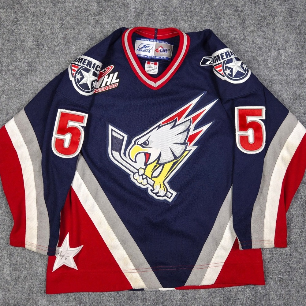 Vintage Tricities Americans WHL Hockey Jersey Youth L/XL Reebok Navy Blue Signed